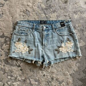 Abercrombie & Fitch Harper Low Rise Denim Short with White Floral Embroidery